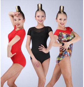 Black red graffiti printed rainbow colored v neck see through short sleeves competition performance latin ballroom leotards tops bodysuits